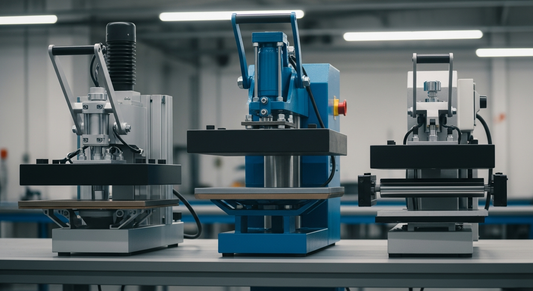 Pneumatic, hydraulic, and rotary heat press machines side-by-side comparison