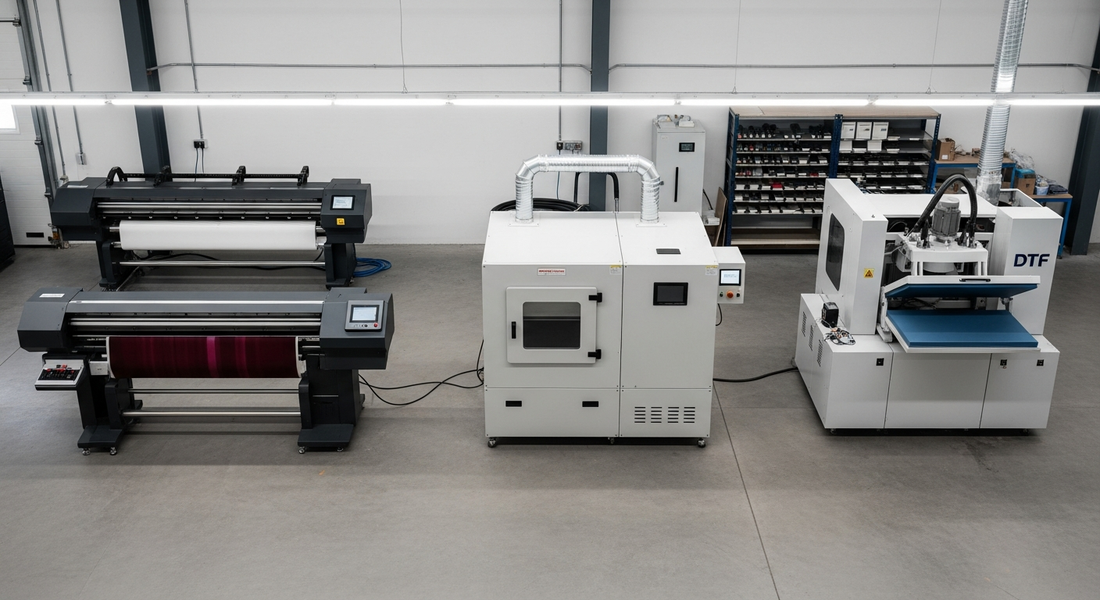 DTF print shop floor layout with four functional zones and equipment placement
