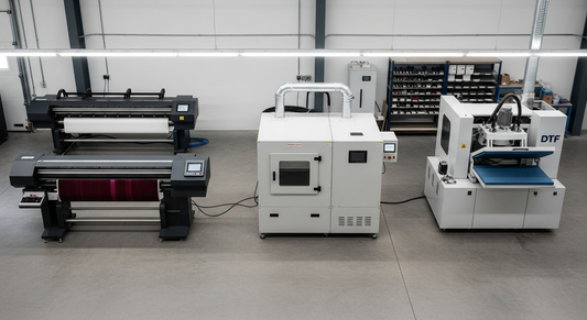 DTF print shop floor layout with four functional zones and equipment placement