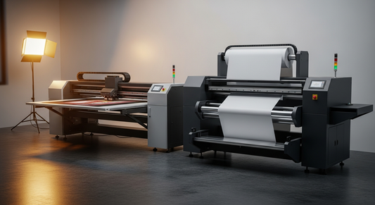 Roll-feed UV DTF printer and flatbed UV printer side-by-side comparison