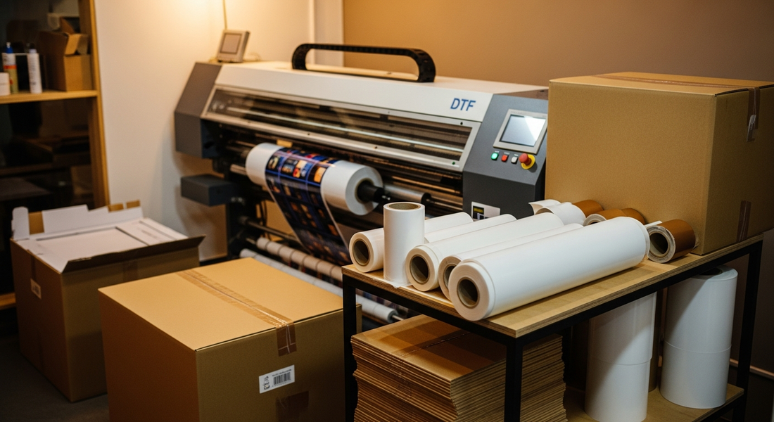 A DTF printer surrounded by inventory of shipping boxes, DTF film rolls, and consumable supplies ready for a print shop's sourcing planning