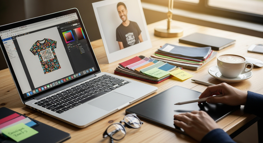 A designer creating a colorful t-shirt mockup on a laptop with a graphics tablet and fabric swatches nearby