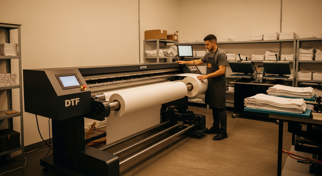 A shop operator adjusting a wide-format DTF printer with transfer film in a US print shop