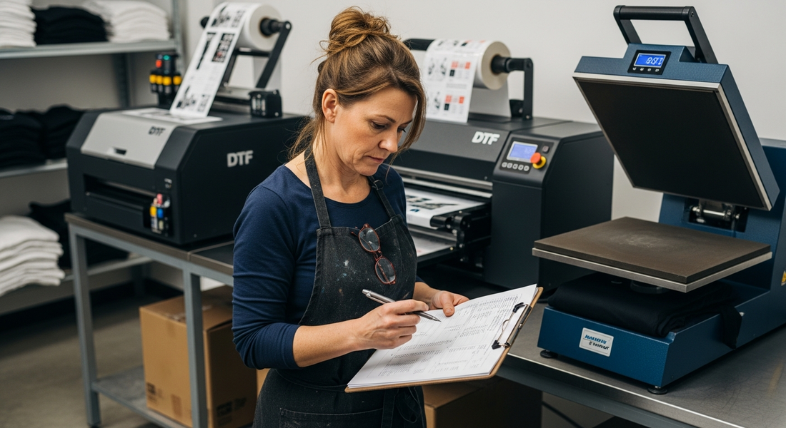 A print shop owner reviewing paperwork on a clipboard next to a DTF printer and heat press