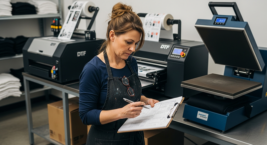 A print shop owner reviewing paperwork on a clipboard next to a DTF printer and heat press