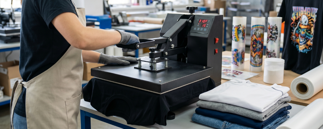 Worker pressing a DTF transfer at 310°F onto a dark shirt, with folded fabrics nearby showing heat press settings by fabric type.