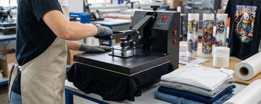 Worker pressing a DTF transfer at 310°F onto a dark shirt, with folded fabrics nearby showing heat press settings by fabric type.