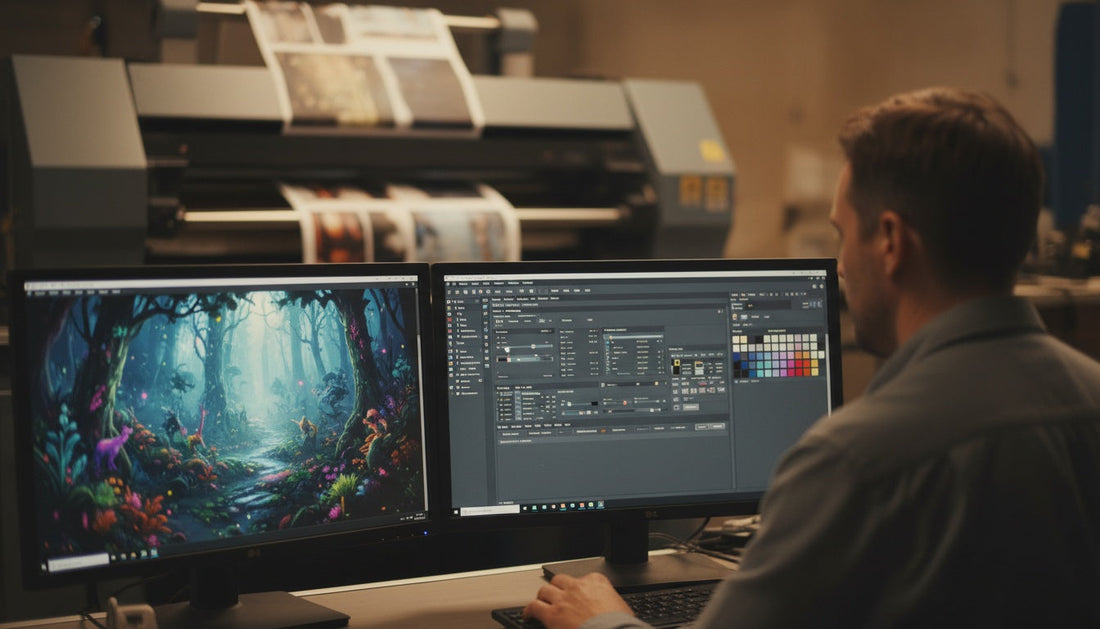 Print RIP software on a monitor beside a commercial DTF printer.