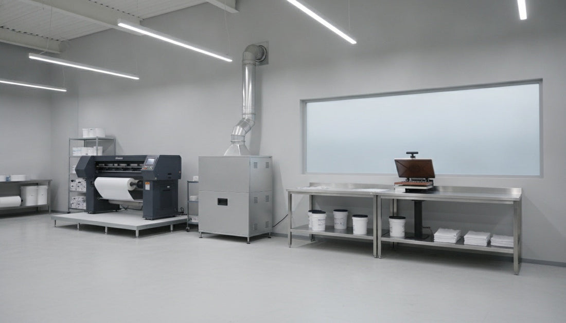 Bright print shop with a DTF printer and overhead ventilation.