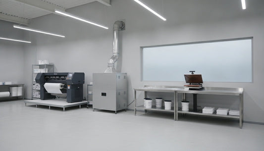 Bright print shop with a DTF printer and overhead ventilation.