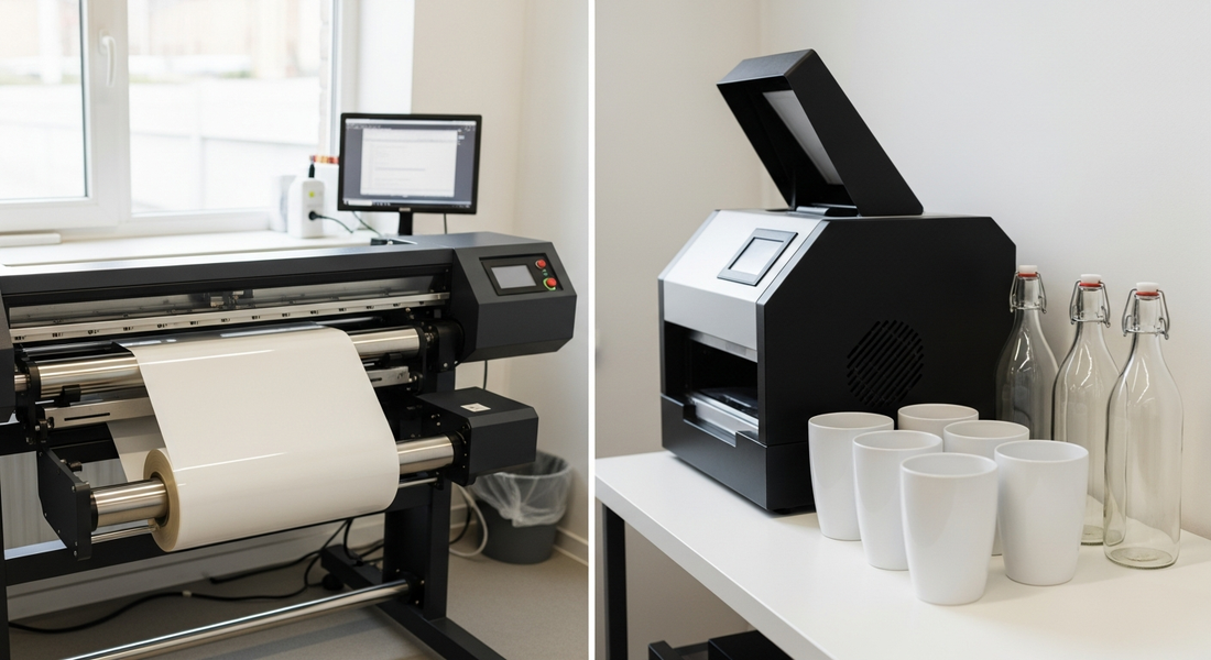 Split view of a wide-format roll printer beside a compact black powder-curing unit topped with white cups and glass bottles in a bright workspace.