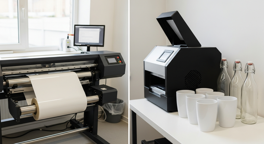 Split view of a wide-format roll printer beside a compact black powder-curing unit topped with white cups and glass bottles in a bright workspace.