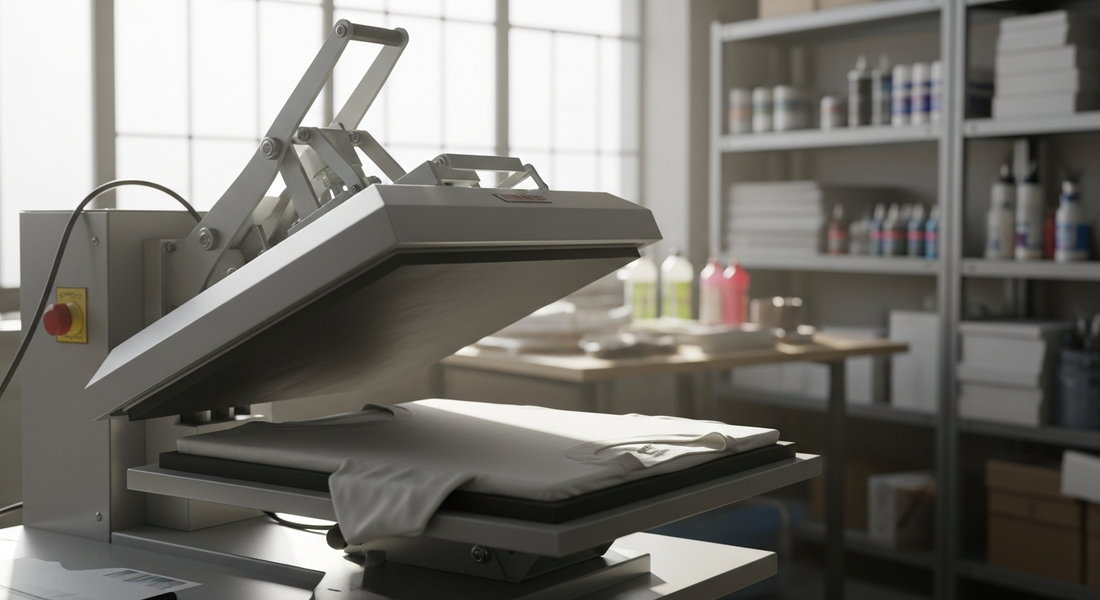 Industrial clamshell heat press with its lid raised, sitting on a workbench in a DTF print shop, with shelves of ink bottles and supplies behind it.