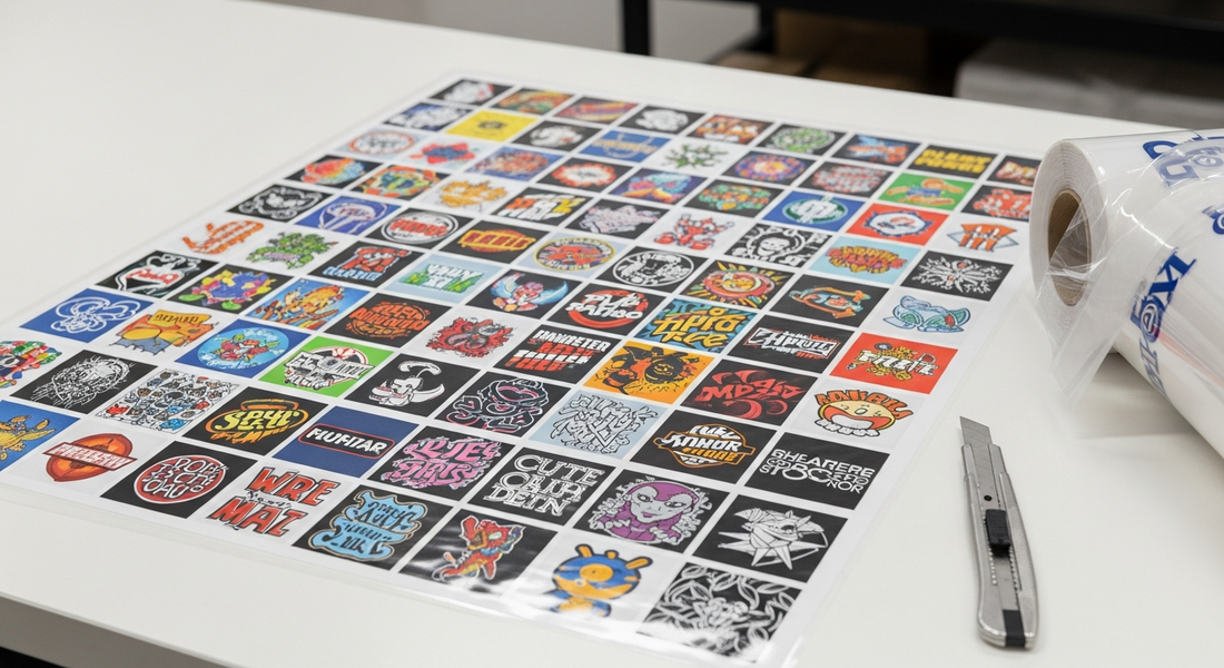 Printed DTF gang sheet packed with dozens of small colorful logos and graphic transfers, laid on a table next to a transfer roll and a cutting knife.