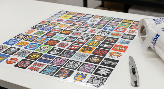 Printed DTF gang sheet packed with dozens of small colorful logos and graphic transfers, laid on a table next to a transfer roll and a cutting knife.