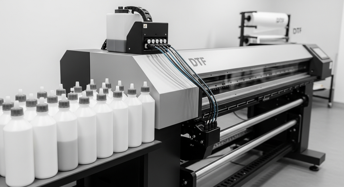 Bottles of white DTF ink beside a commercial DTF printer.