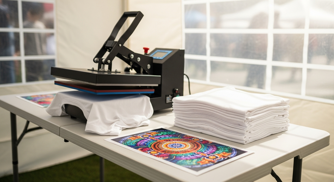 Black clamshell heat press on a folding table at an outdoor event, beside a stack of blank white shirts and a colorful mandala DTF transfer.