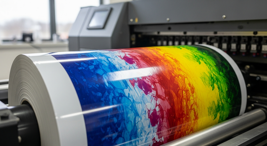 A wide-format DTF printer running a rainbow-colored gradient print onto DTF film in a modern print shop