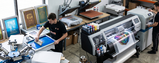 Worker operating a screen printing carousel next to a technician running a DTF printer, comparing both production methods.