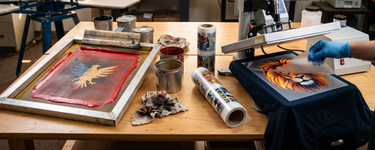 A screen printing frame with ink and squeegee next to a heat press applying a vibrant DTF lion transfer onto a navy shirt, comparing both printing methods side by side.