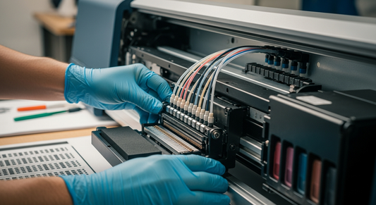 Technician wearing blue nitrile gloves installing a printhead into the open carriage of a DTF printer, with ribbon cables and ink lines exposed on a workbench.
