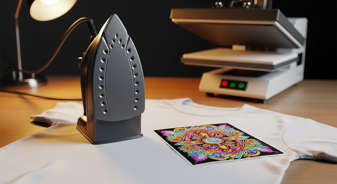 Household clothes iron standing upright beside a colorful mandala DTF transfer on a white t-shirt, with a heat press and desk lamp in the background.