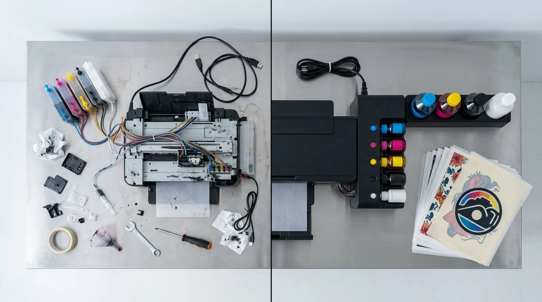 Side-by-side overhead comparison of a messy converted DTF printer setup and a clean, purpose-built DTF printer setup on a steel workbench.