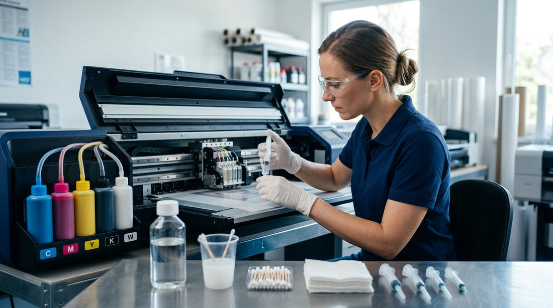 A technician in a navy polo shirt, safety glasses, and gloves applying cleaning solution with a syringe to a DTF printer head on a stainless steel workbench with maintenance tools.