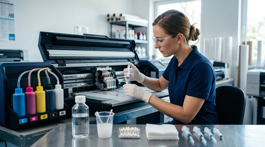 A technician in a navy polo shirt, safety glasses, and gloves applying cleaning solution with a syringe to a DTF printer head on a stainless steel workbench with maintenance tools.