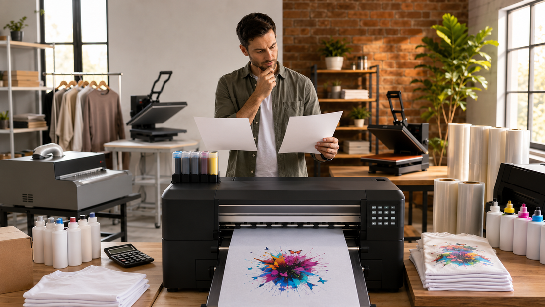 A print shop owner reviewing paperwork in front of a DTF printer, ink bottles, and heat presses while a colorful transfer prints on film