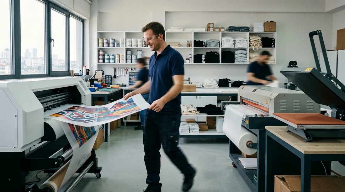 A technician holding a printed DTF transfer film while walking through a print shop toward a heat press station.