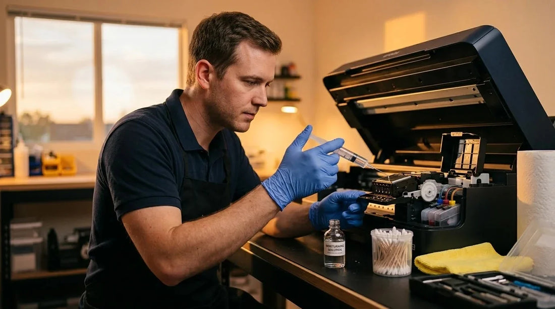 Technician applying maintenance liquid with a syringe to a DTF printhead.