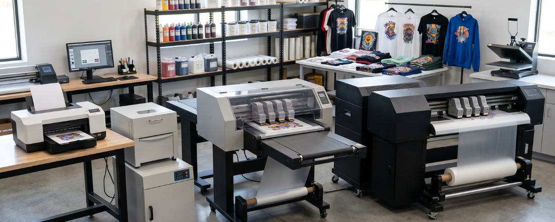  Three DTF printers of different sizes displayed in a print shop, from entry-level to commercial, illustrating printer options at every budget level.