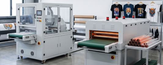 A DTF powder shaker machine and curing dryer setup in a print shop, with a conveyor belt feeding printed transfer film through the heating chamber, and finished DTF-printed t-shirts hanging on a rack in the background.