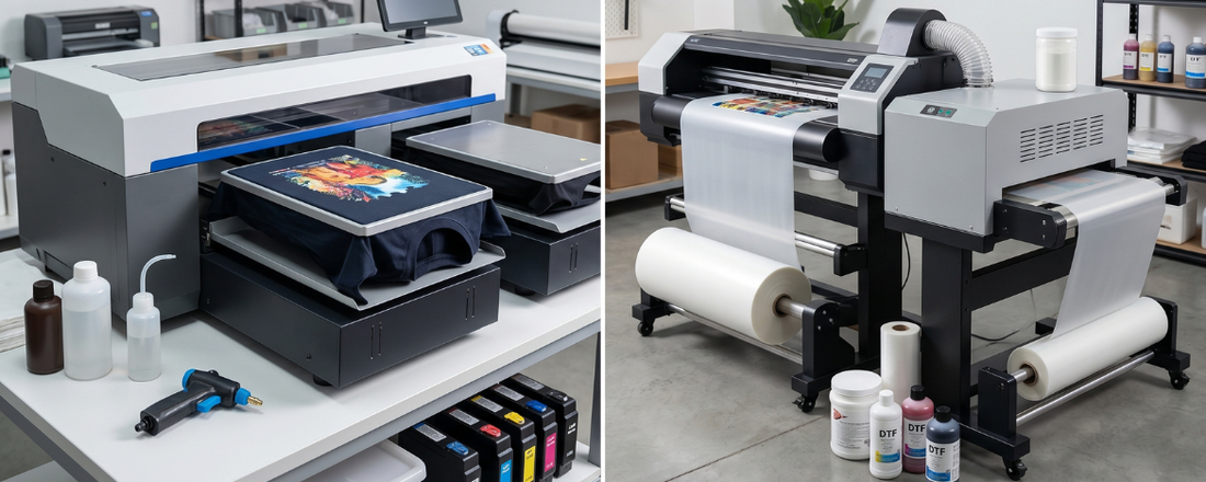  A DTG printer with a shirt loaded next to a DTF printer with film rolls and ink bottles, comparing setup costs between both machines in 2026.