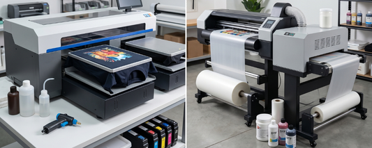  A DTG printer with a shirt loaded next to a DTF printer with film rolls and ink bottles, comparing setup costs between both machines in 2026.