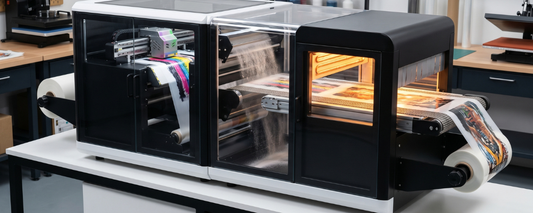  DTF all-in-one machine with visible print head, powder shaker mist, and glowing curing oven processing transfer film on a lab workbench.
