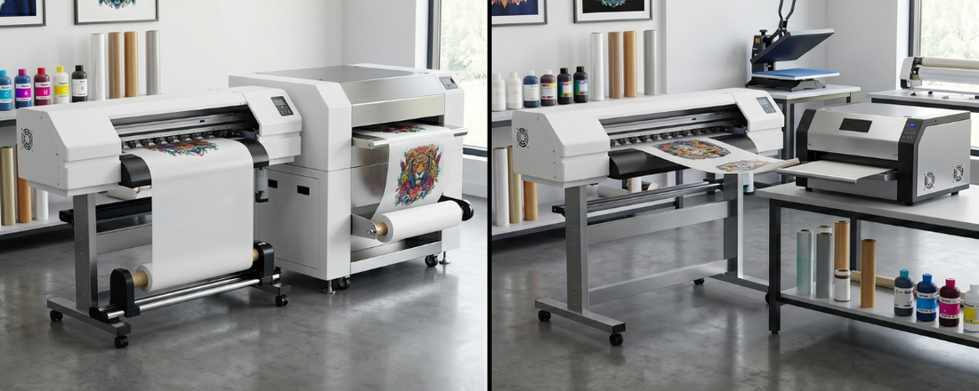  A DTF printer and dryer bundle compared to a DTF printer with a separate powder shaker dryer unit, both set up in a print shop environment with ink bottles and transfer film rolls visible.
