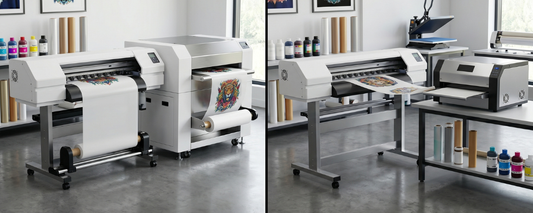  A DTF printer and dryer bundle compared to a DTF printer with a separate powder shaker dryer unit, both set up in a print shop environment with ink bottles and transfer film rolls visible.