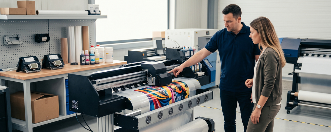 : An authorized DTF printer dealer showing a customer a wide-format DTF printer in a professional showroom, with ink bottles, supplies, and additional printers visible in the background.