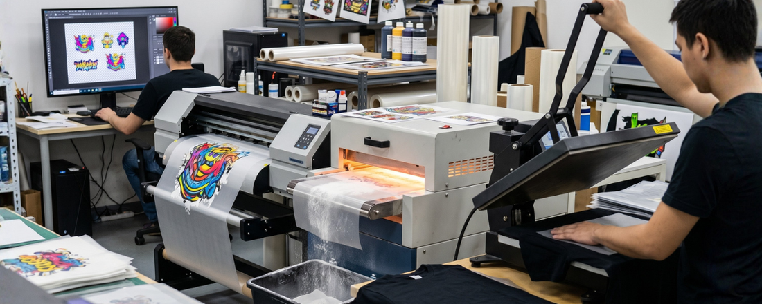  Full DTF workflow showing a designer preparing files, a printer outputting colorful transfers through a curing oven, and a worker heat pressing finished shirts.