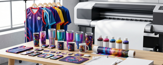 A sublimation printing machine with a display of printed products such as tumblers, mugs, phone cases, and polyester jerseys alongside sublimation ink bottles and transfer paper.
