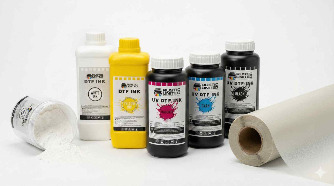 dtf supplies in a desk with dtf inks, uv inks, films and powder for dtf printing