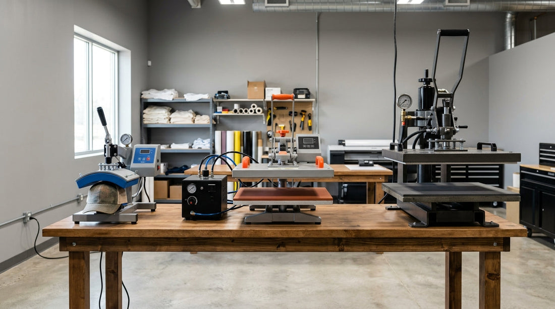 Three heat press machines lined up side by side on a wooden workbench in a modern print shop: a pneumatic hat press on the left, a dual-platen heat press in the center, and a heavy-duty hydraulic heat press on the right.
