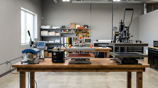 Three heat press machines lined up side by side on a wooden workbench in a modern print shop: a pneumatic hat press on the left, a dual-platen heat press in the center, and a heavy-duty hydraulic heat press on the right.